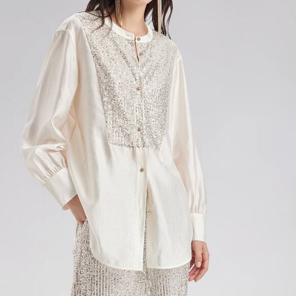 Rich Radi Q Sequin-Stitched French-Style Beige Shirt Size 2XL - Picture 4 of 12